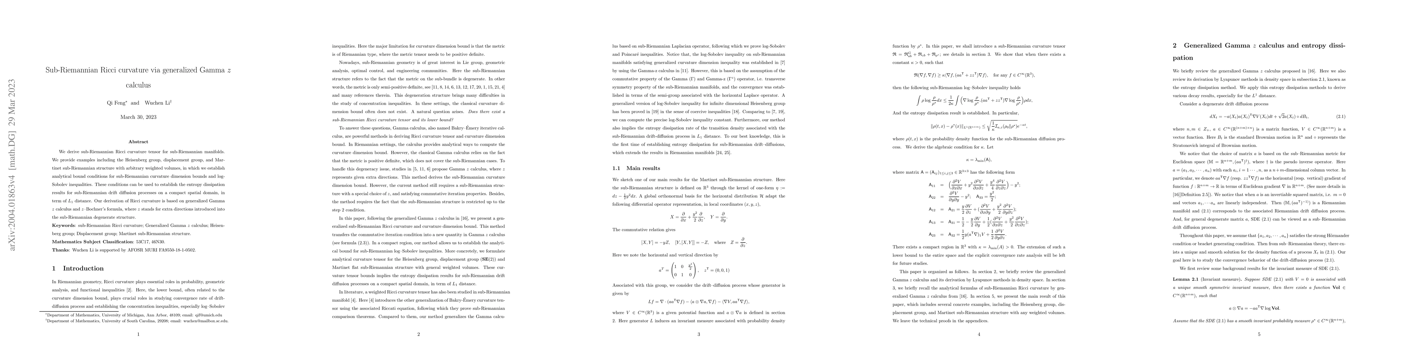 Thumbnail for Sub-Riemannian Ricci curvature via generalized Gamma $z$ calculus