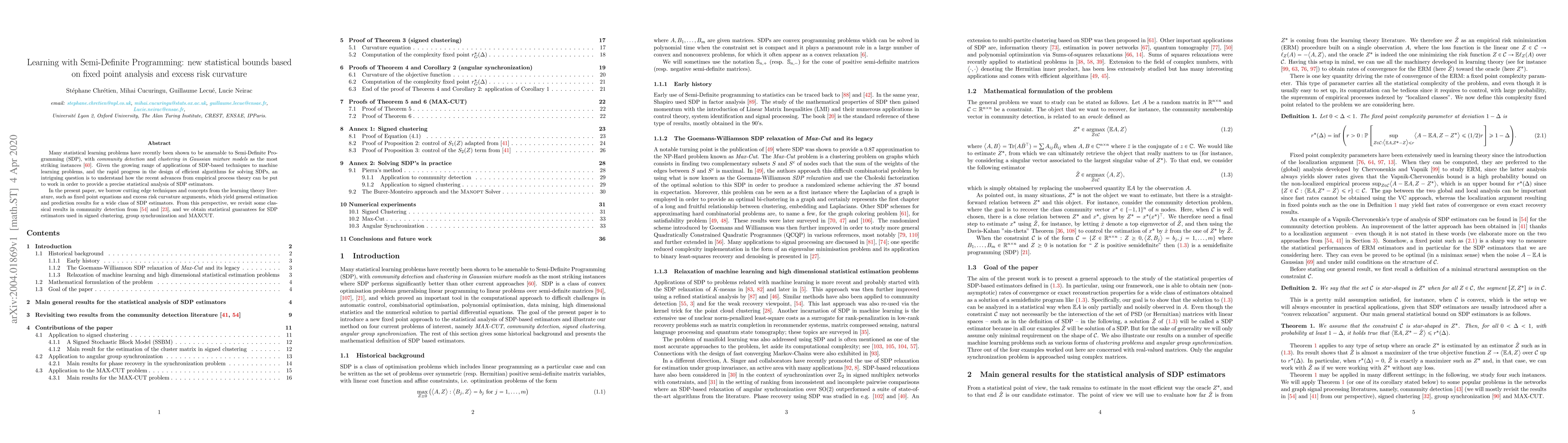 Thumbnail for Learning with Semi-Definite Programming: new statistical bounds based on
  fixed point analysis and excess risk curvature