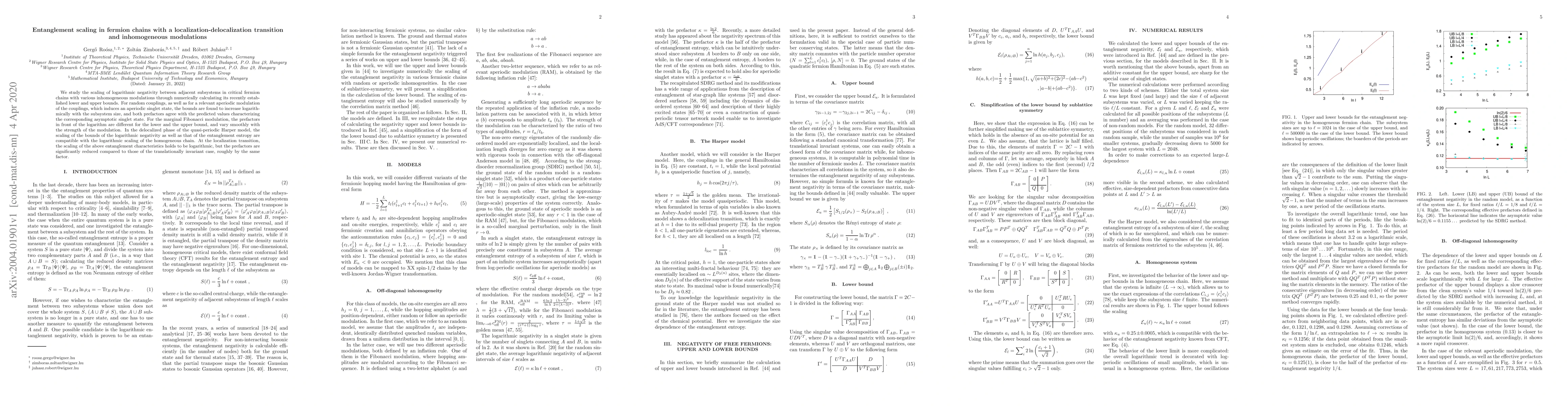 Thumbnail for Entanglement scaling in fermion chains with a
  localization-delocalization transition and inhomogeneous modulations
