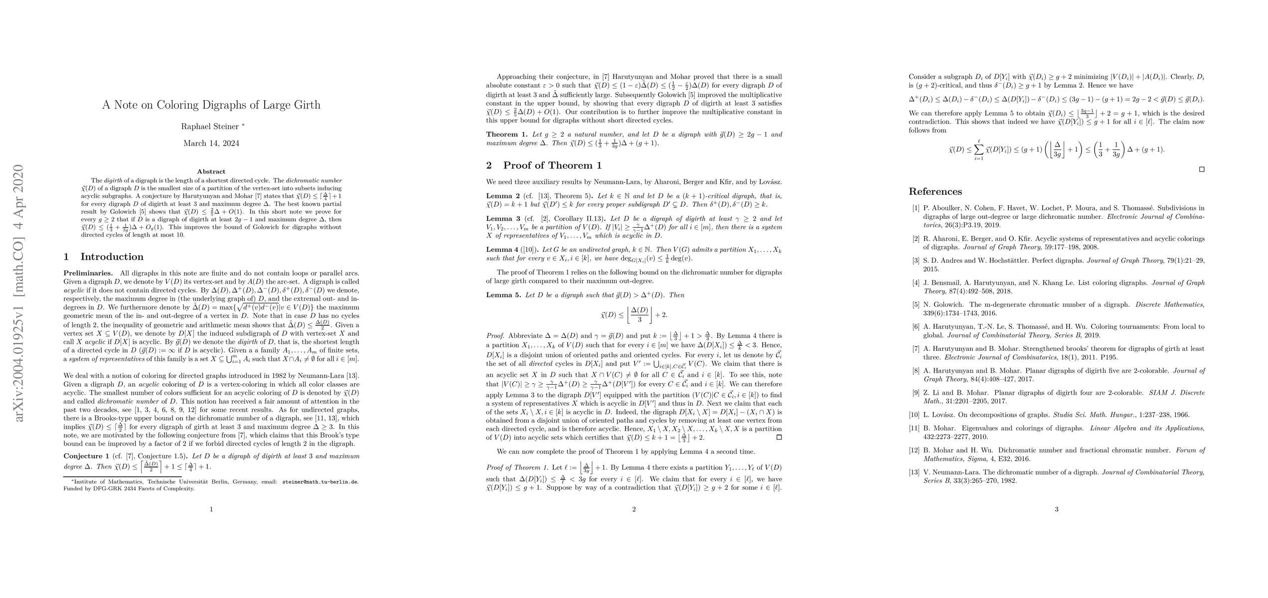 Thumbnail for A Note on Coloring Digraphs of Large Girth