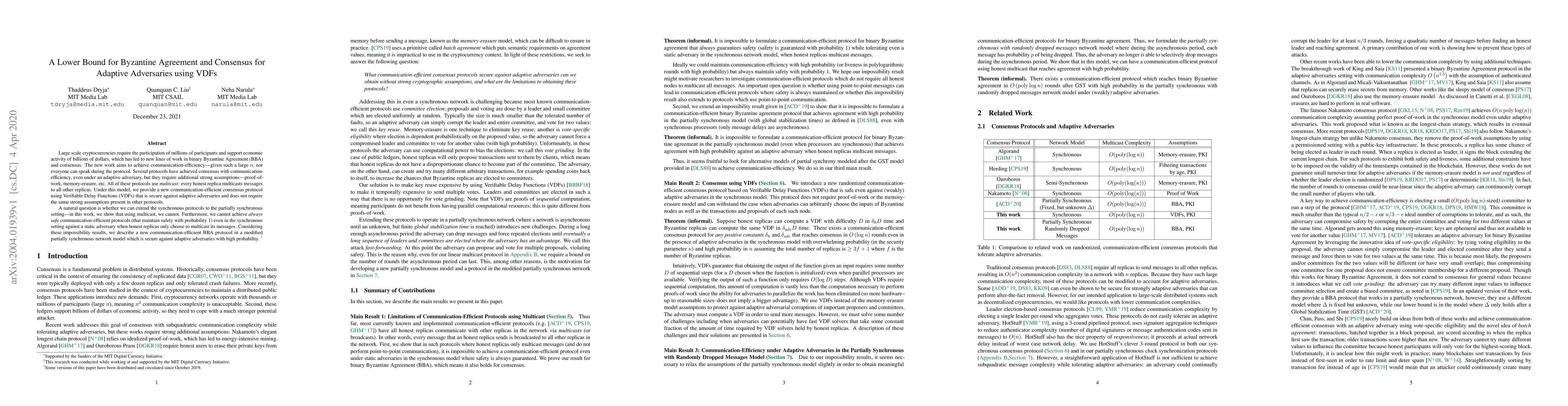 Thumbnail for A Lower Bound for Byzantine Agreement and Consensus for Adaptive
  Adversaries using VDFs