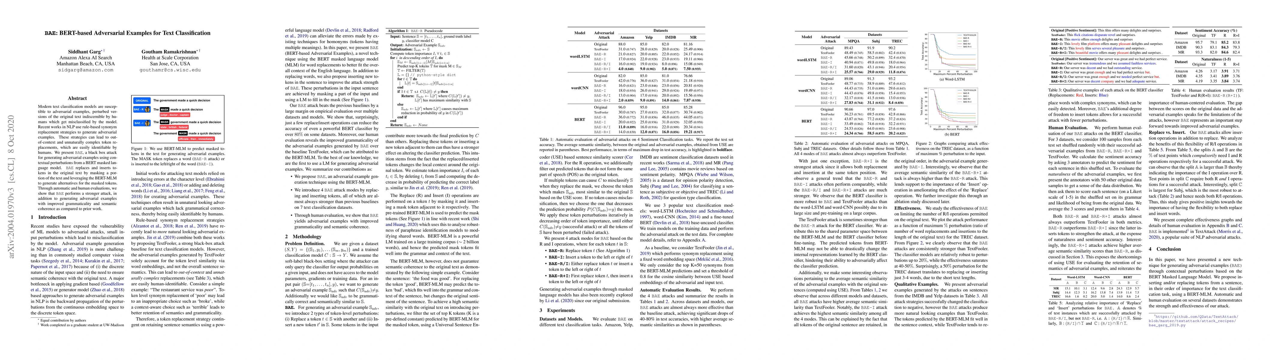 Thumbnail for BAE: BERT-based Adversarial Examples for Text Classification