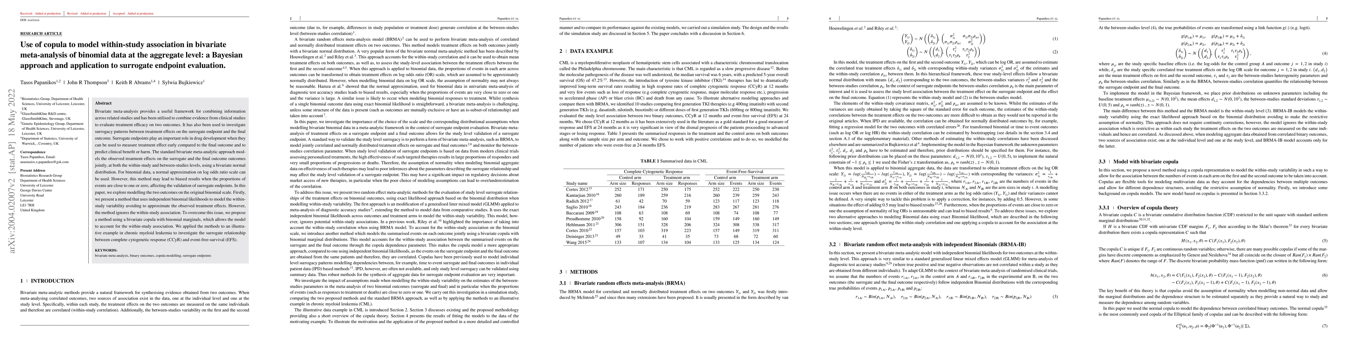 Thumbnail for Use of copula to model within-study association in bivariate
  meta-analysis of binomial data at the aggregate level a Bayesian approach and
  application to surrogate endpoint evaluation