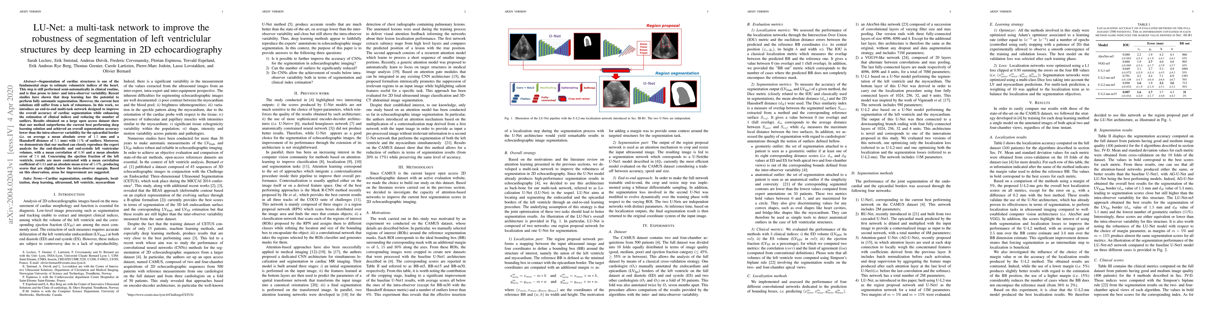 Thumbnail for LU-Net: a multi-task network to improve the robustness of segmentation
  of left ventriclular structures by deep learning in 2D echocardiography