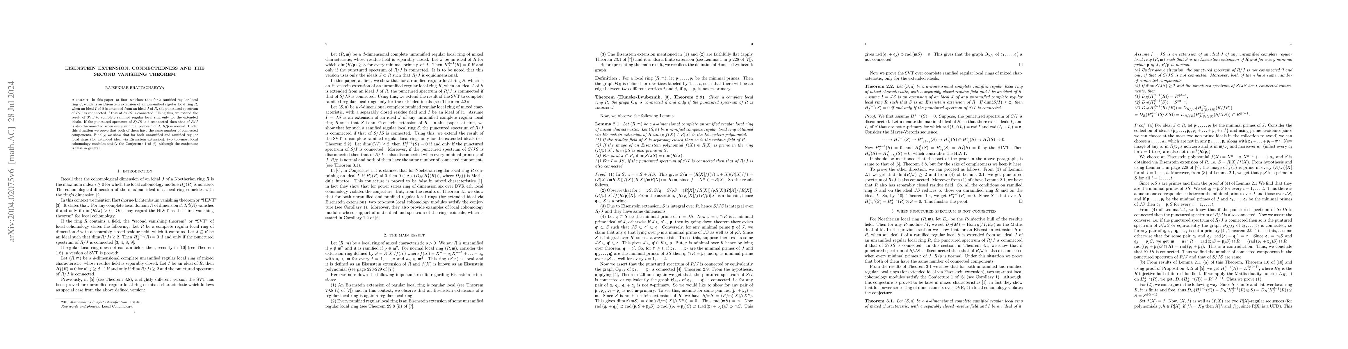 Thumbnail for Eisenstein extension, connectedness and the second vanishing theorem