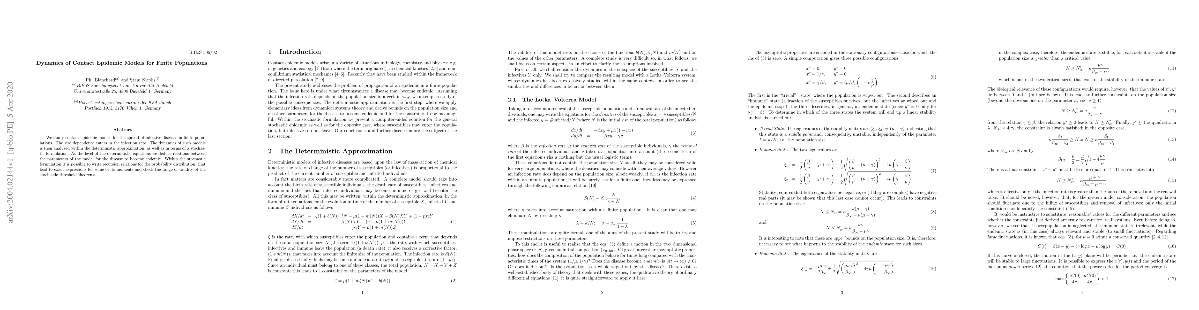 Thumbnail for Dynamics of contact epidemic models for finite populations