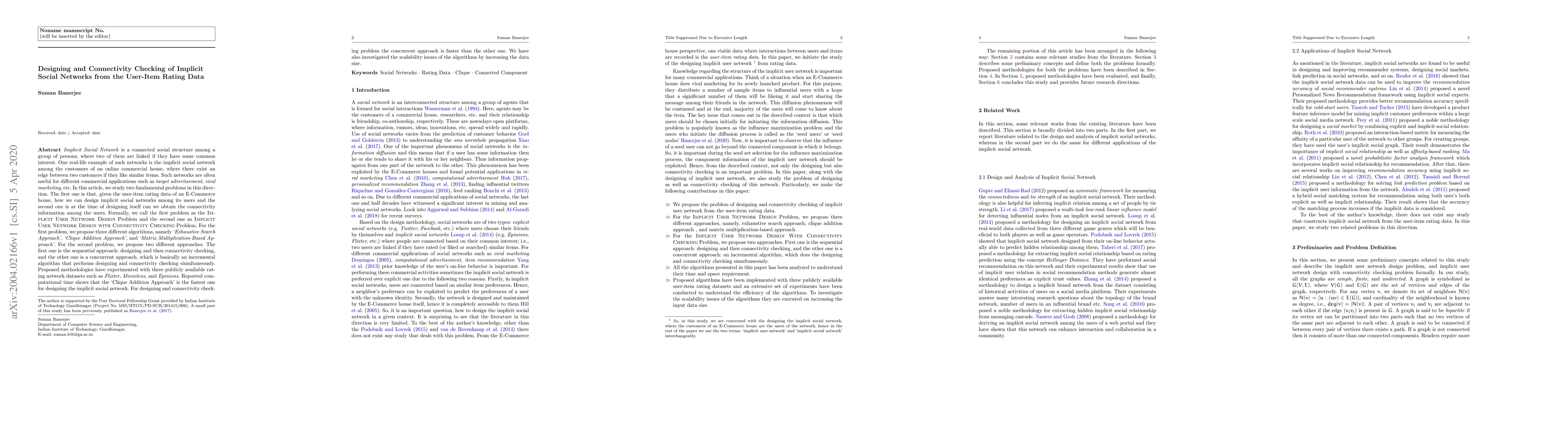 Thumbnail for Designing and Connectivity Checking of Implicit Social Networks from the
  User-Item Rating Data