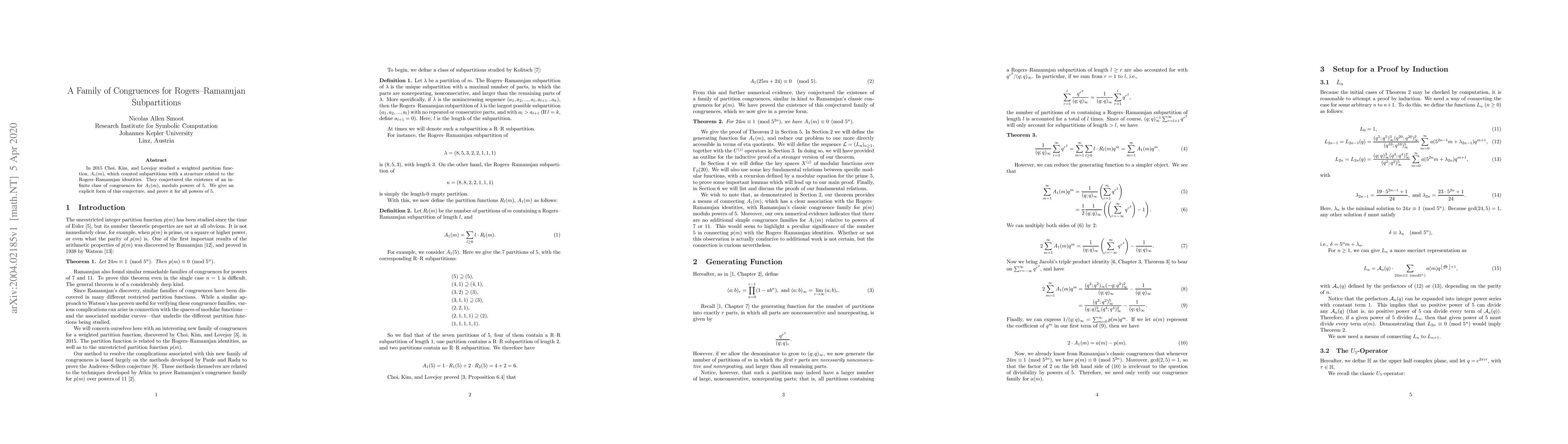Thumbnail for A Family of Congruences for Rogers--Ramanujan Subpartitions