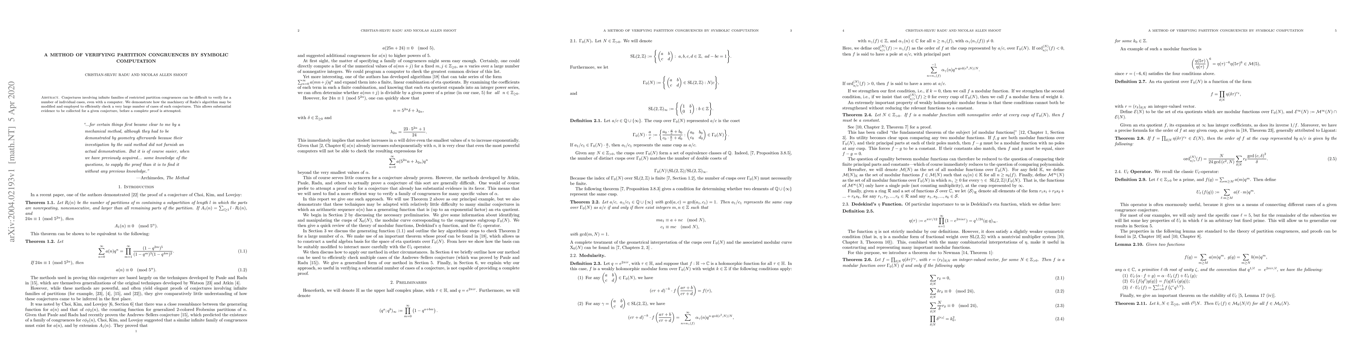 Thumbnail for A Method of Verifying Partition Congruences by Symbolic Computation