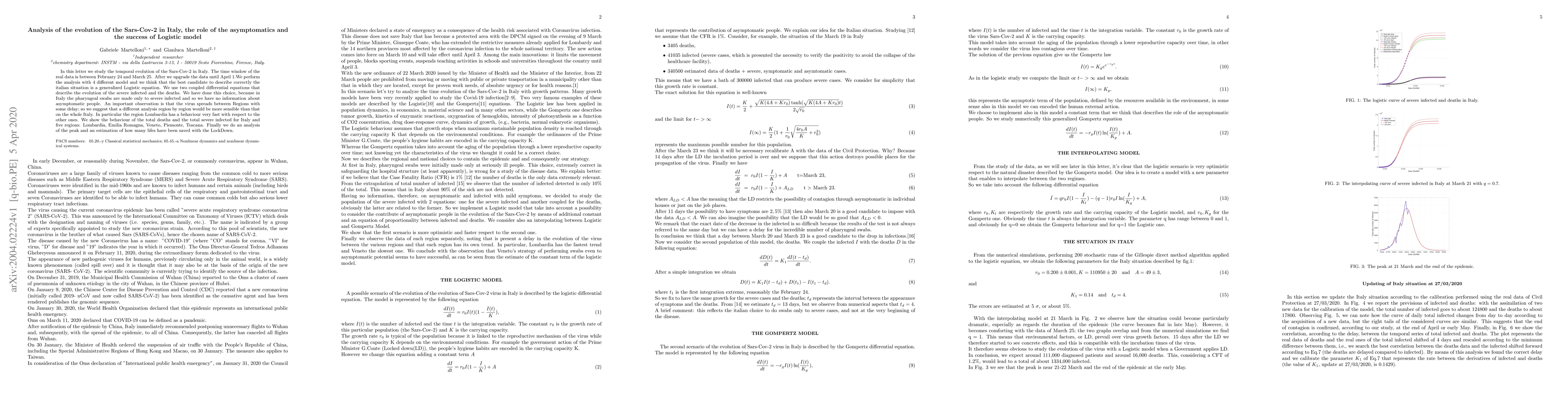 Thumbnail for Analysis of the evolution of the Sars-Cov-2 in Italy, the role of the
  asymptomatics and the success of Logistic model
