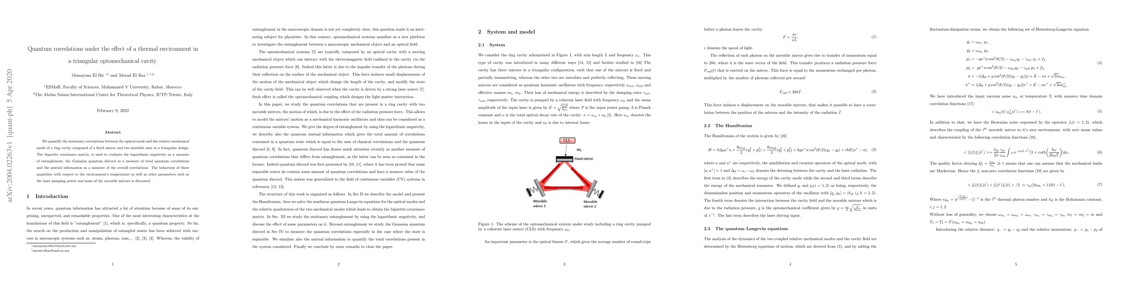 Thumbnail for Quantum correlations under the effect of a thermal environment in a
  triangular optomechanical cavity