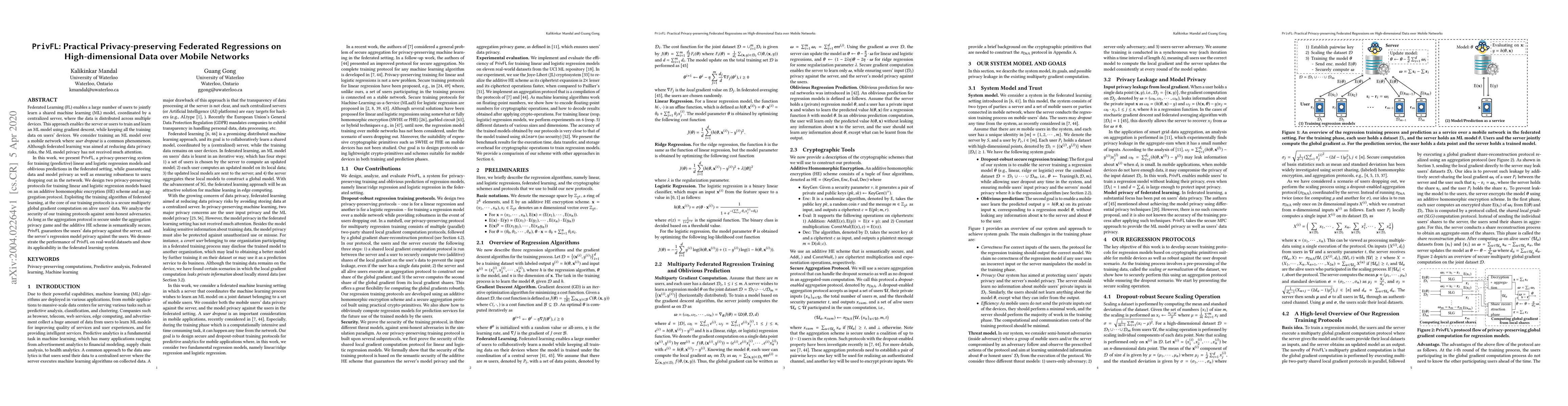Thumbnail for PrivFL: Practical Privacy-preserving Federated Regressions on
  High-dimensional Data over Mobile Networks