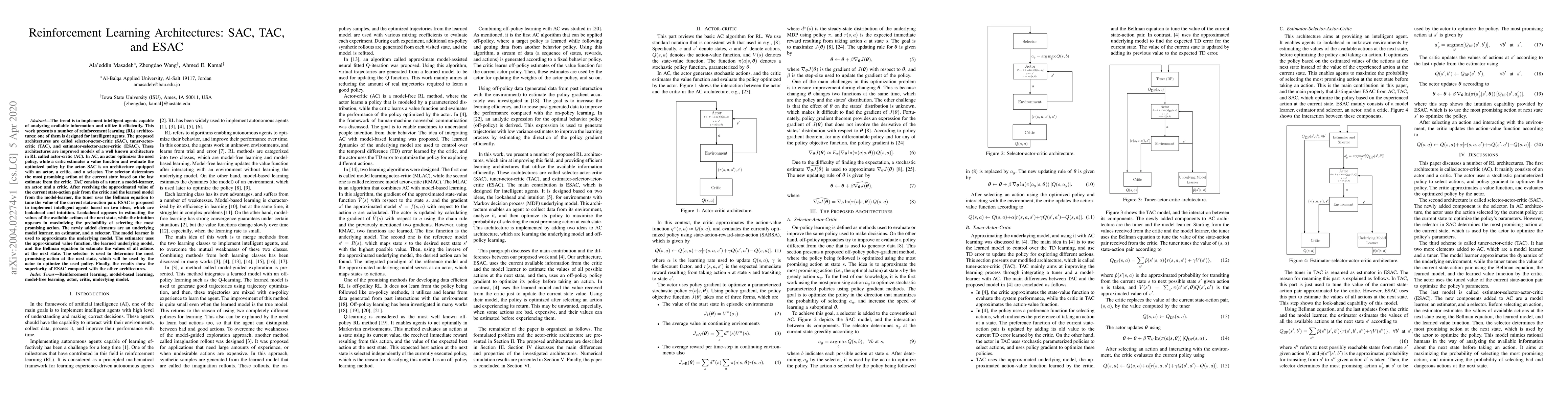Thumbnail for Reinforcement Learning Architectures: SAC, TAC, and ESAC