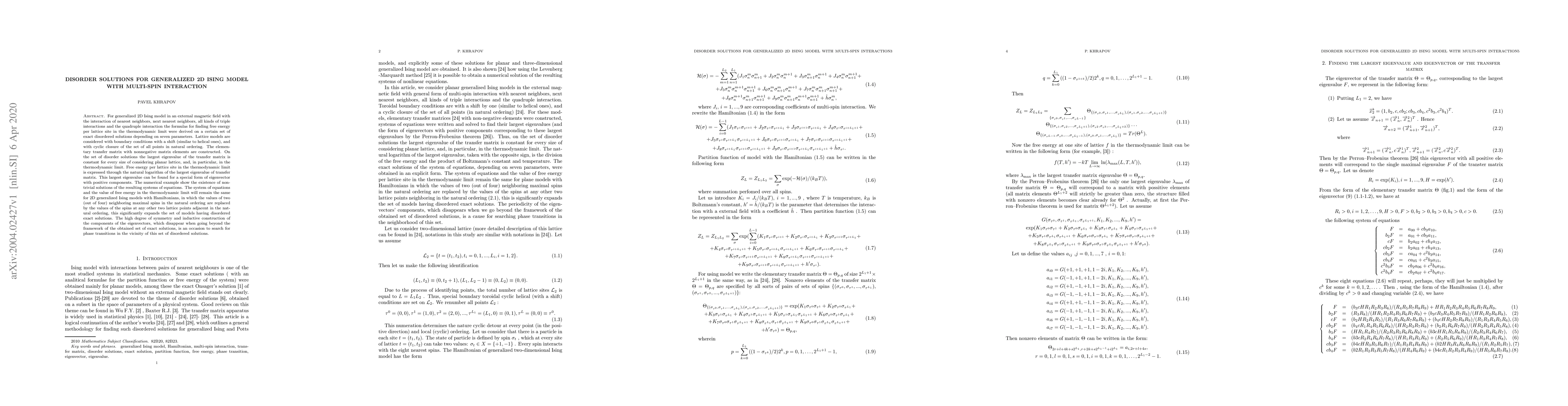 Thumbnail for Disorder solutions for generalized 2D Ising Model with multi-spin
  interaction