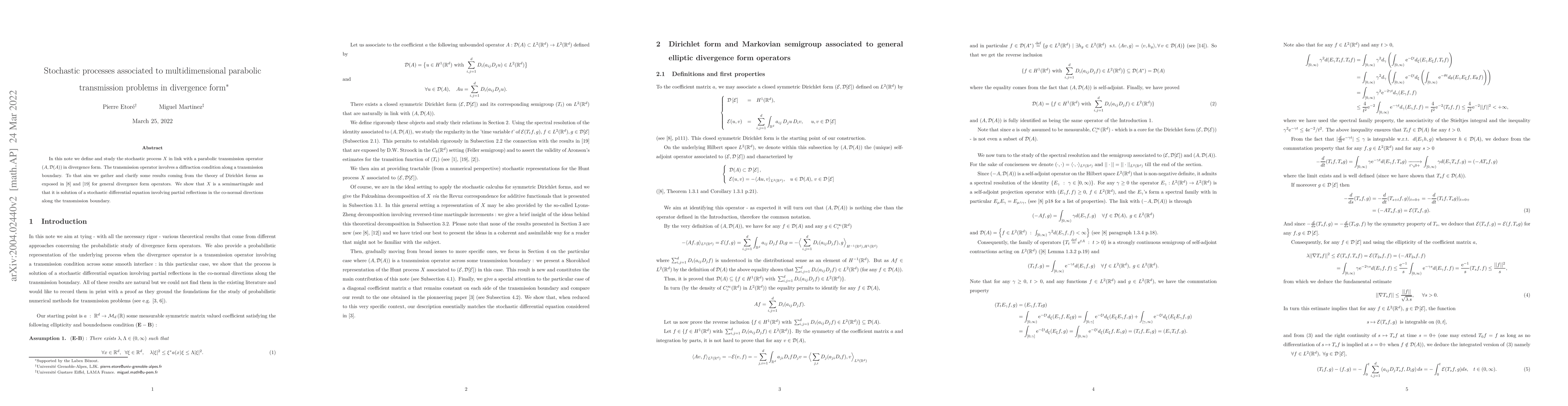 Thumbnail for Stochastic processes associated to multidimensional parabolic
  transmission problems in divergence form