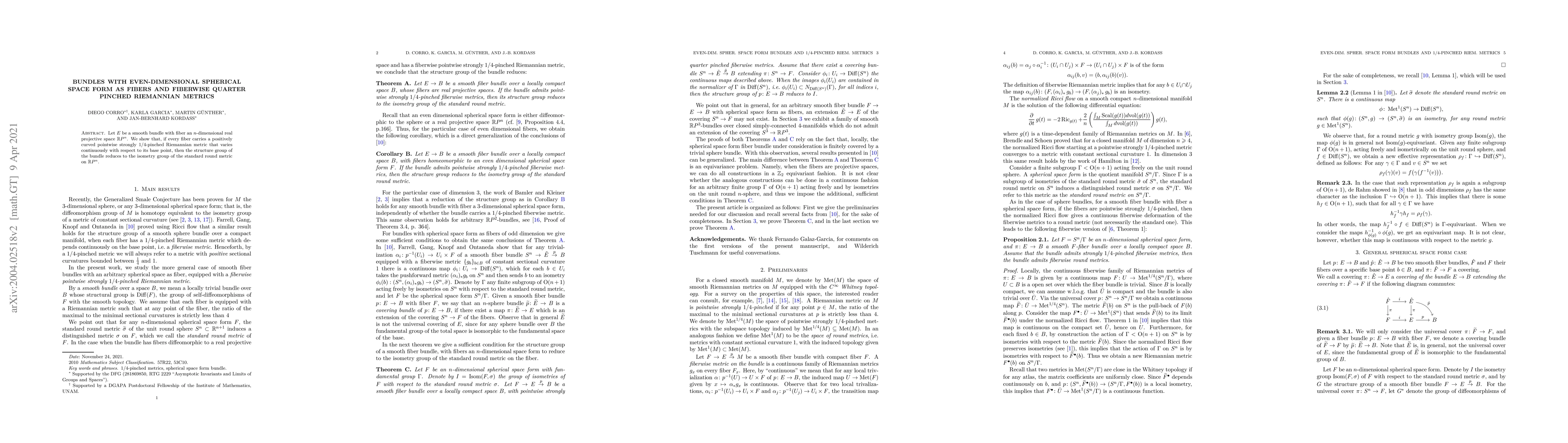 Thumbnail for Bundles with even-dimensional spherical space form as fibers and
  fiberwise quarter pinched Riemannian metrics