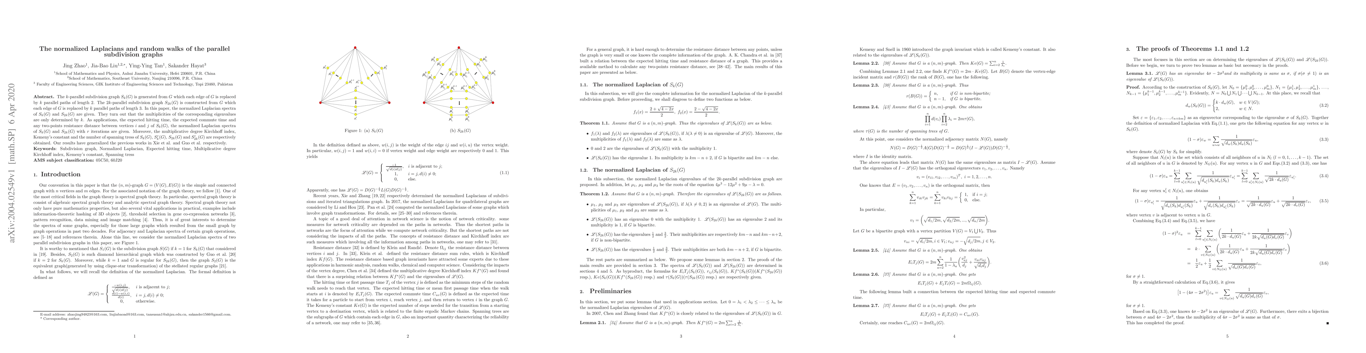 Thumbnail for The normalized Laplacians and random walks of the parallel subdivision
  graphs