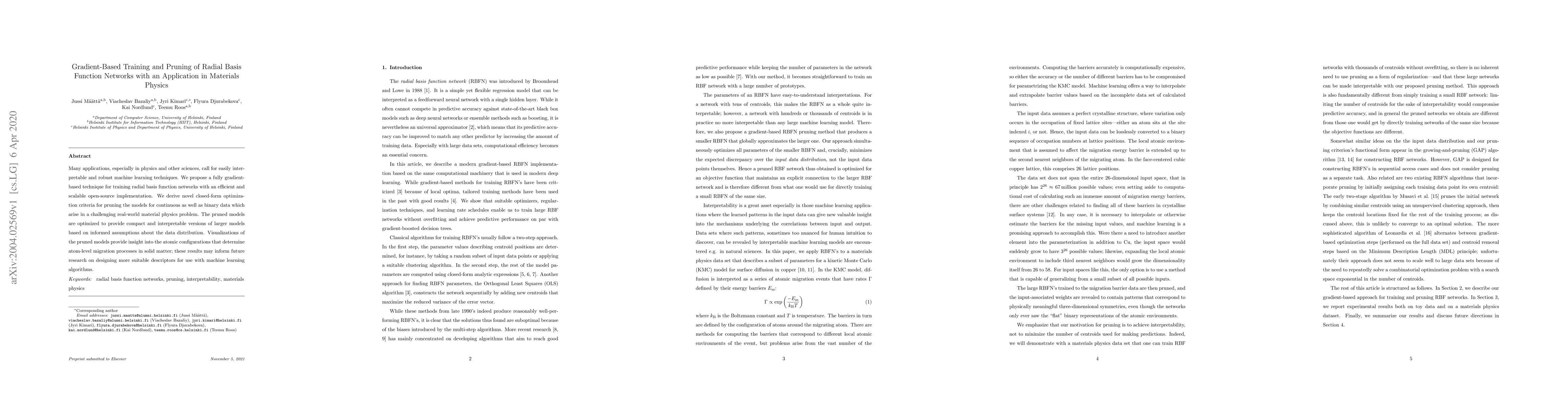 Thumbnail for Gradient-Based Training and Pruning of Radial Basis Function Networks
  with an Application in Materials Physics