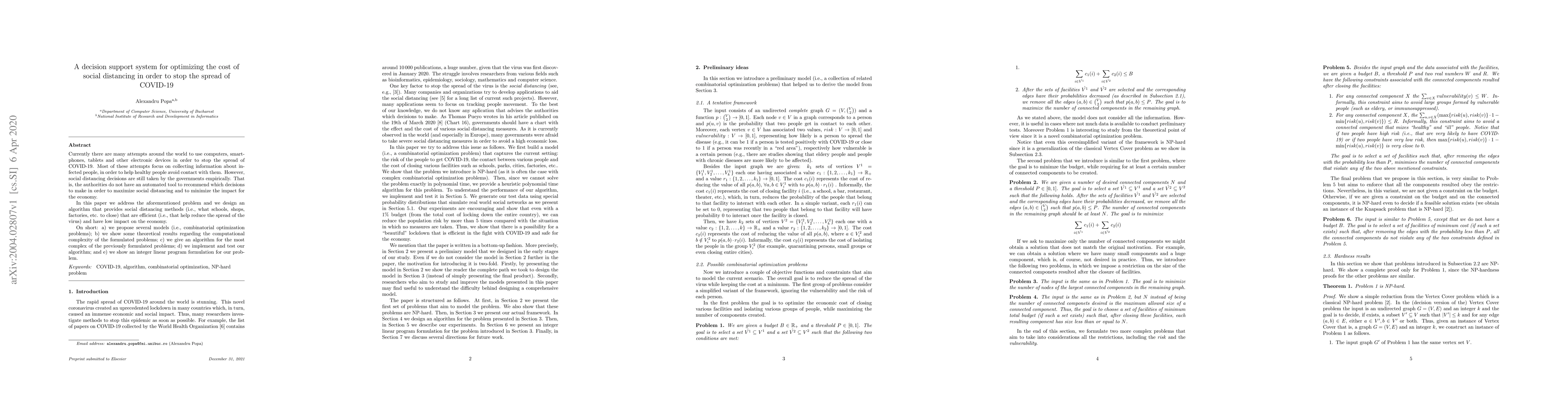 Thumbnail for A decision support system for optimizing the cost of social distancing
  in order to stop the spread of COVID-19