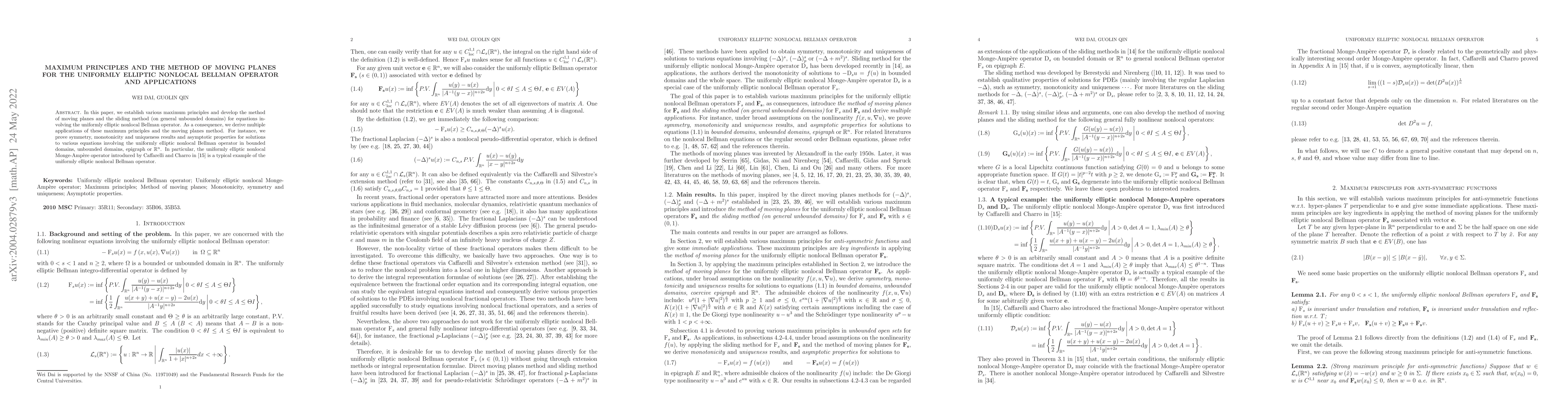 Thumbnail for Maximum principles and the method of moving planes for the uniformly
  elliptic nonlocal Bellman operator and applications