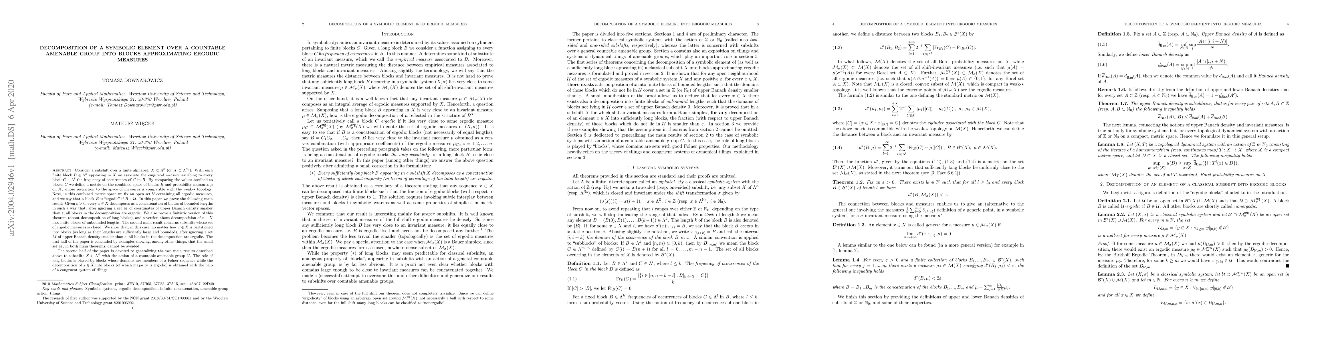 Thumbnail for Decomposition of a symbolic element over a countable amenable group into
  blocks approximating ergodic measures