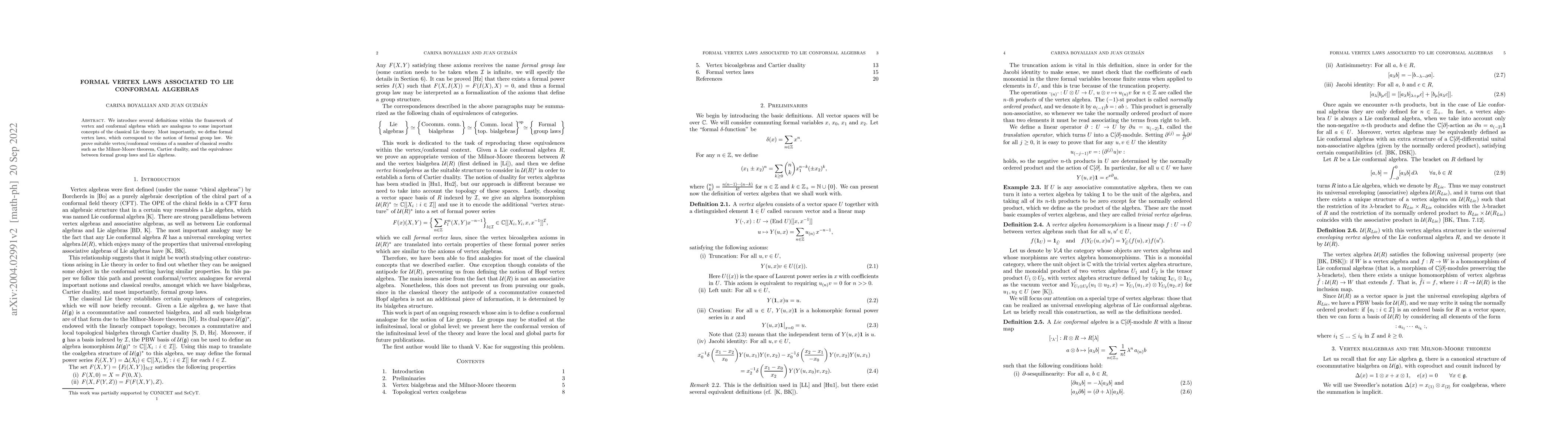 Thumbnail for Formal vertex laws associated to Lie conformal algebras