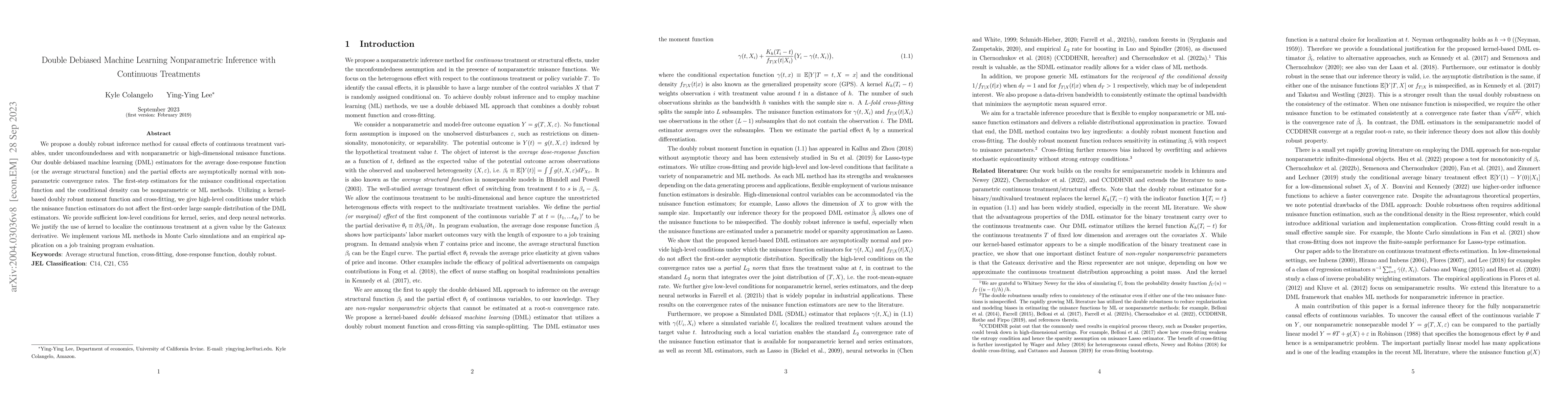 Thumbnail for Double Debiased Machine Learning Nonparametric Inference with Continuous
  Treatments