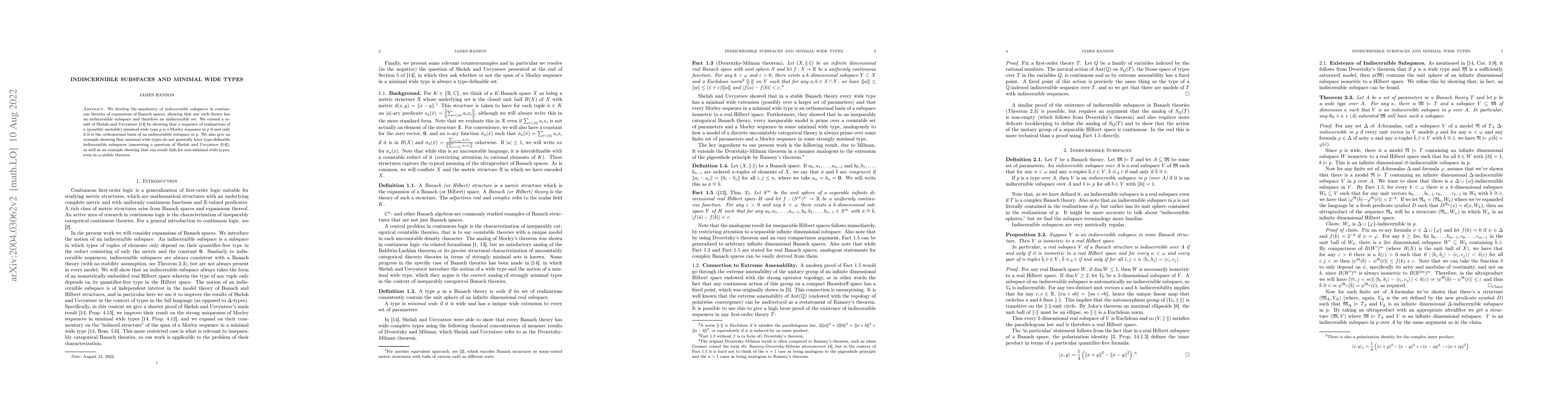 Thumbnail for Indiscernible Subspaces and Minimal Wide Types