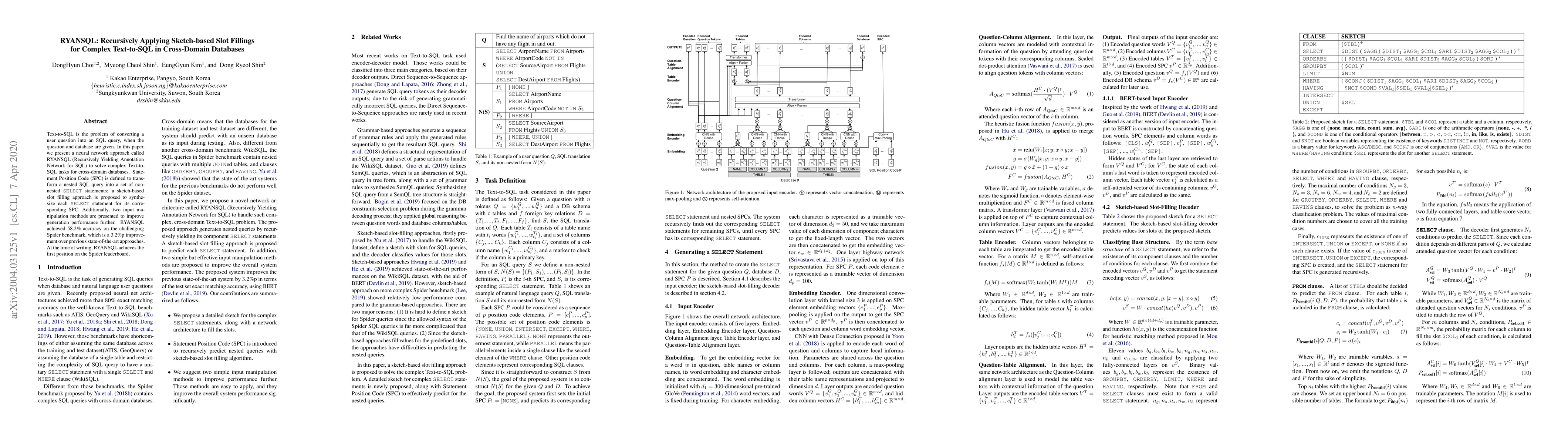 Thumbnail for RYANSQL: Recursively Applying Sketch-based Slot Fillings for Complex
  Text-to-SQL in Cross-Domain Databases