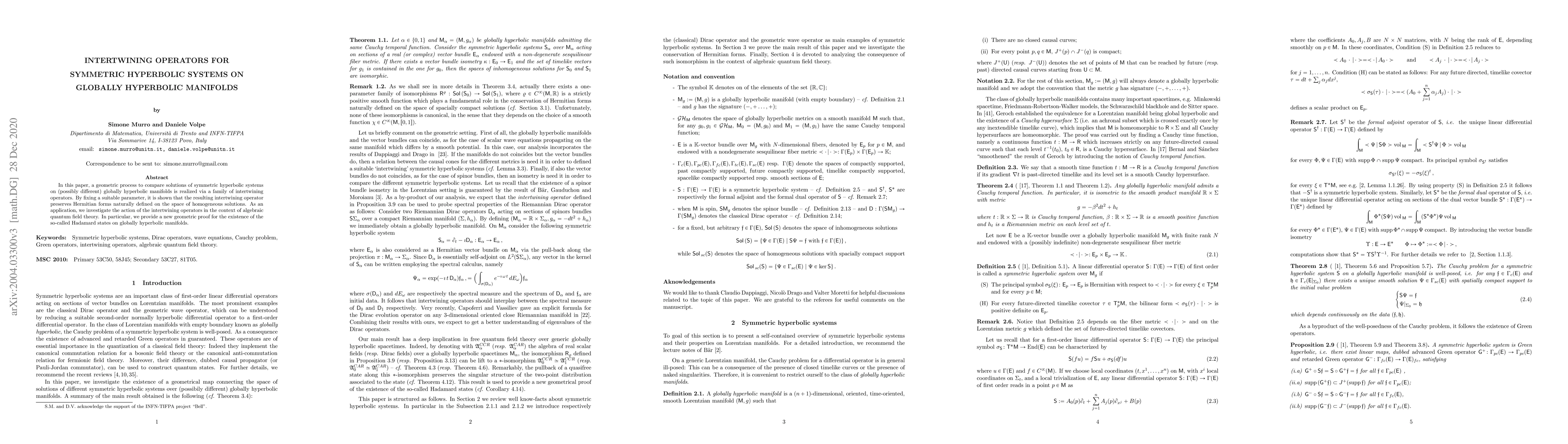 Thumbnail for Intertwining operators for symmetric hyperbolic systems on globally
  hyperbolic manifolds