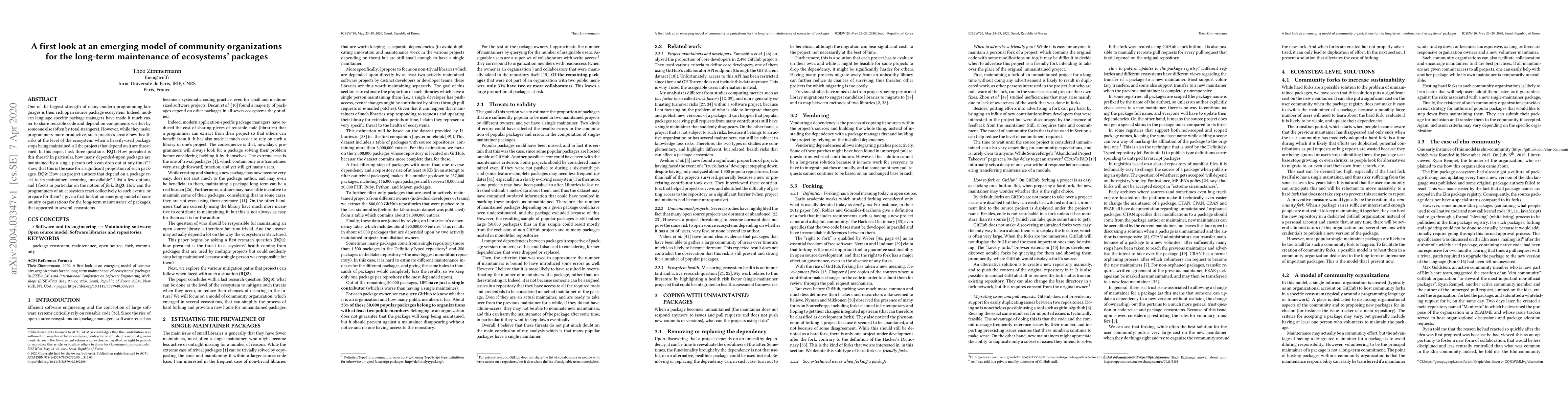 Thumbnail for A first look at an emerging model of community organizations for the
  long-term maintenance of ecosystems' packages