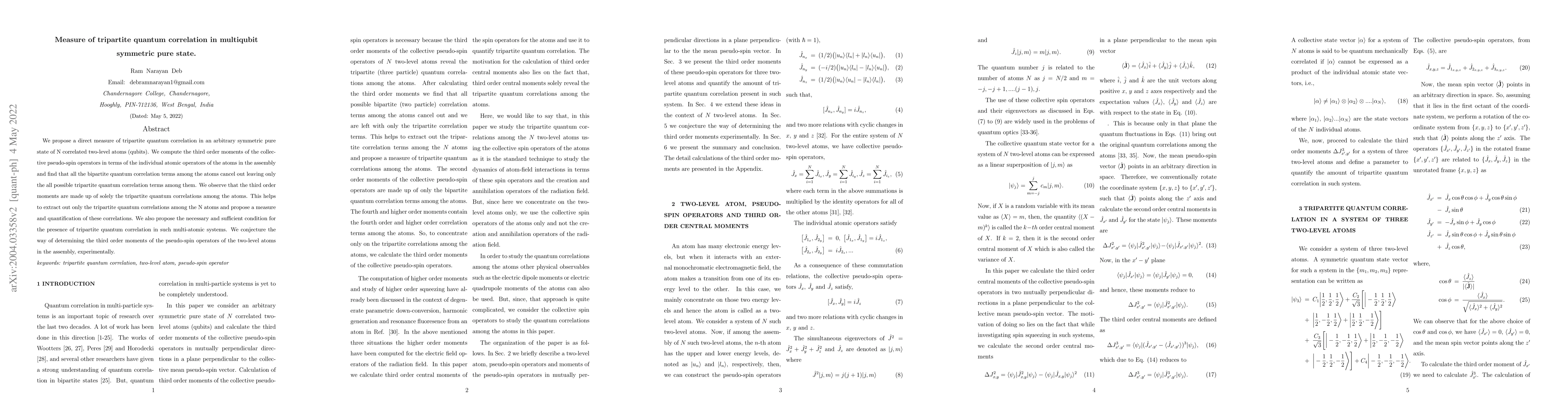 Thumbnail for Measure of tripartite quantum correlation in multiqubit symmetric pure
  state
