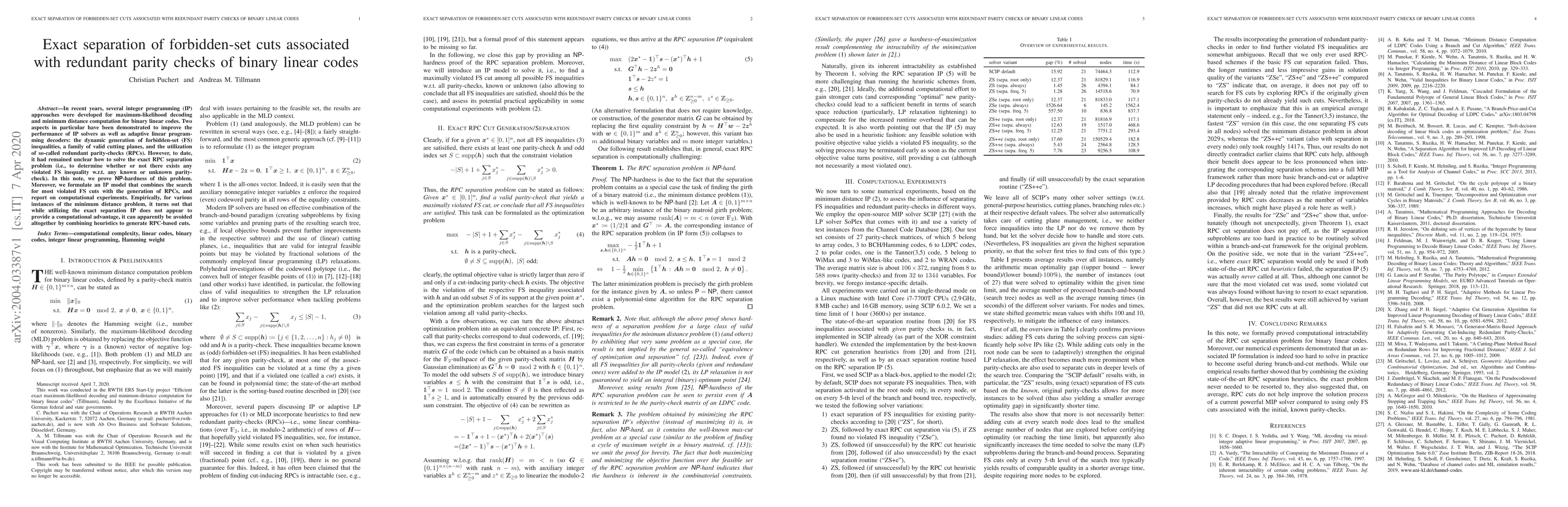 Thumbnail for Exact separation of forbidden-set cuts associated with redundant parity
  checks of binary linear codes