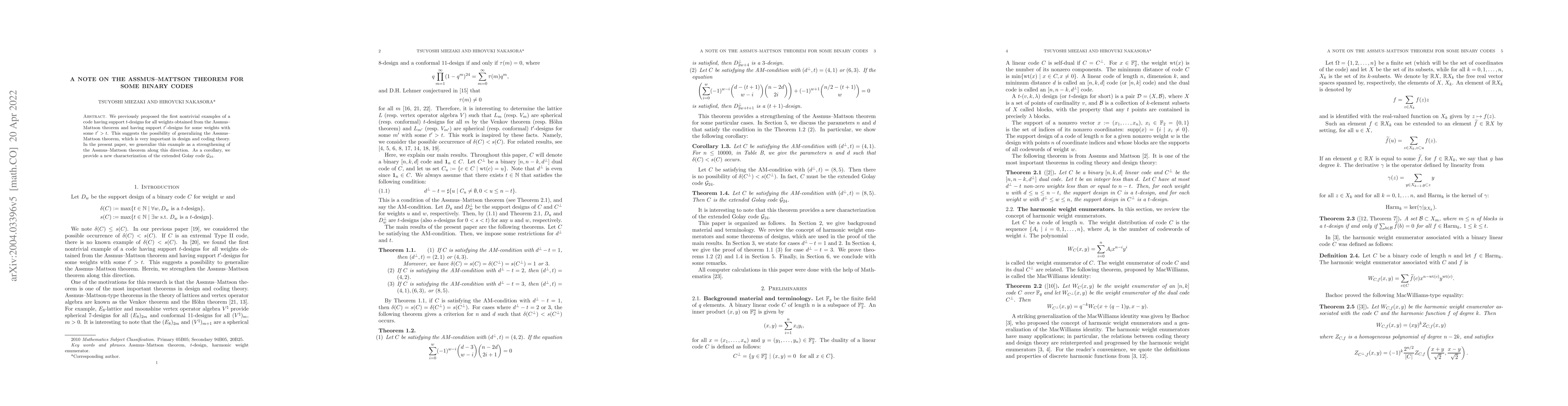Thumbnail for A note on the Assmus--Mattson theorem for some binary codes