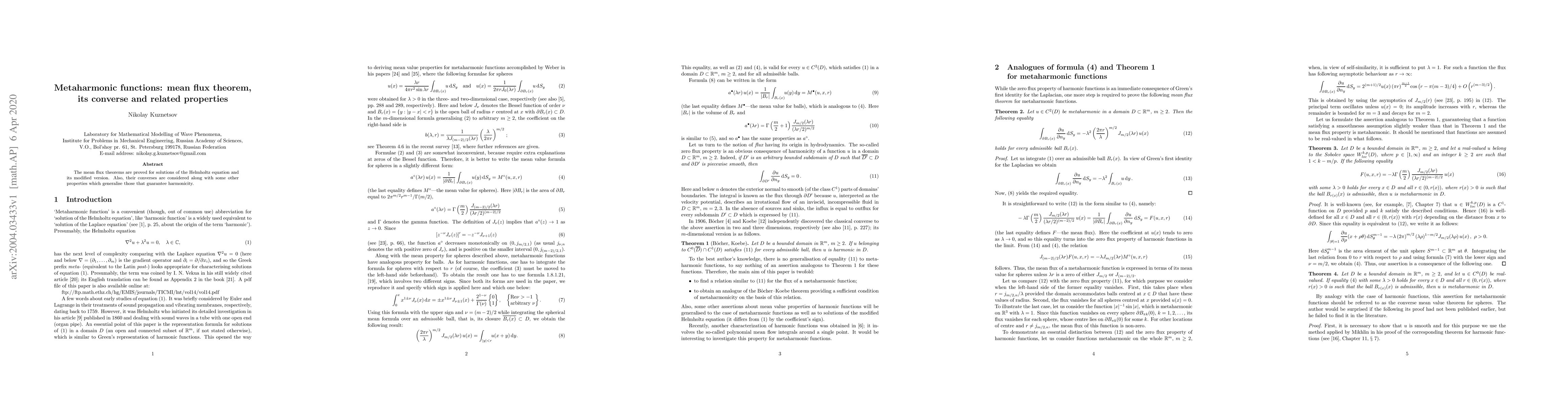 Thumbnail for Metaharmonic functions: mean flux theorem, its converse and related
  properties