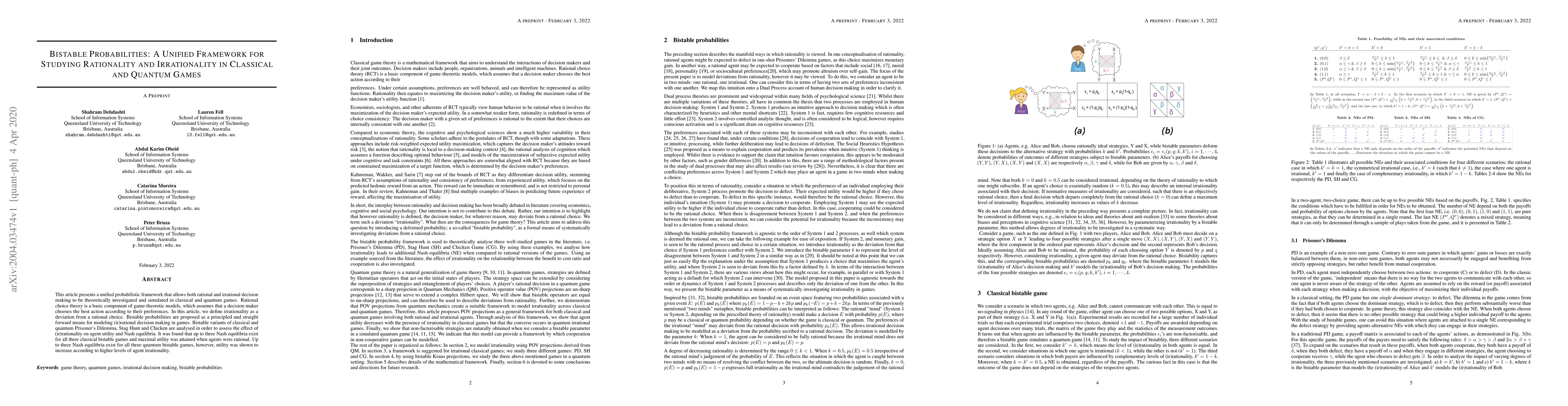 Thumbnail for Bistable Probabilities: A Unified Framework for Studying Rationality and
  Irrationality in Classical and Quantum Games