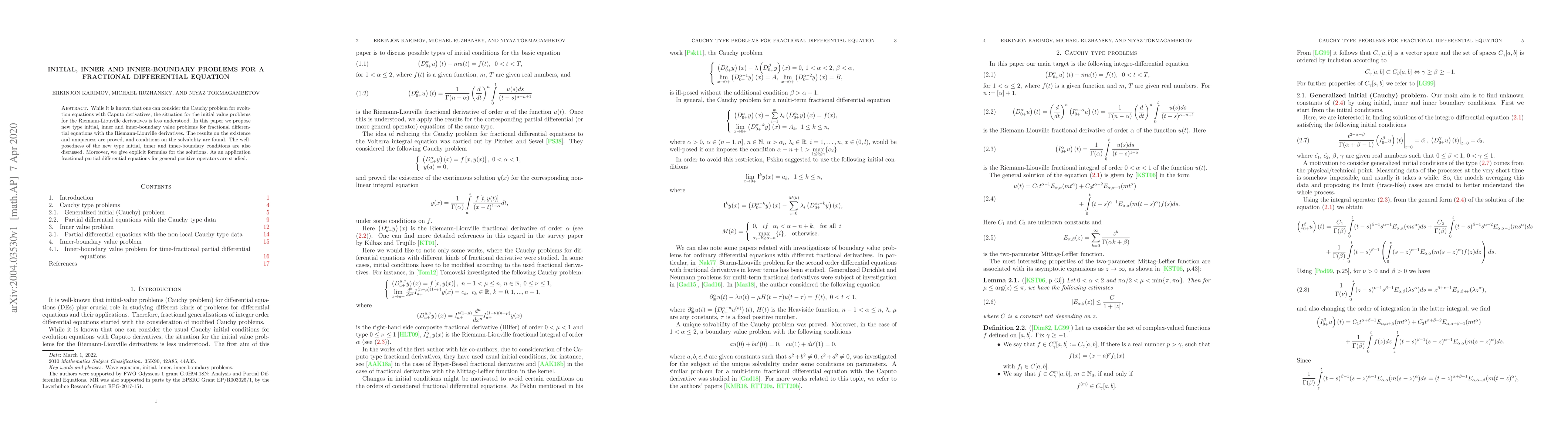 Thumbnail for Initial, inner and inner-boundary problems for a fractional differential
  equation