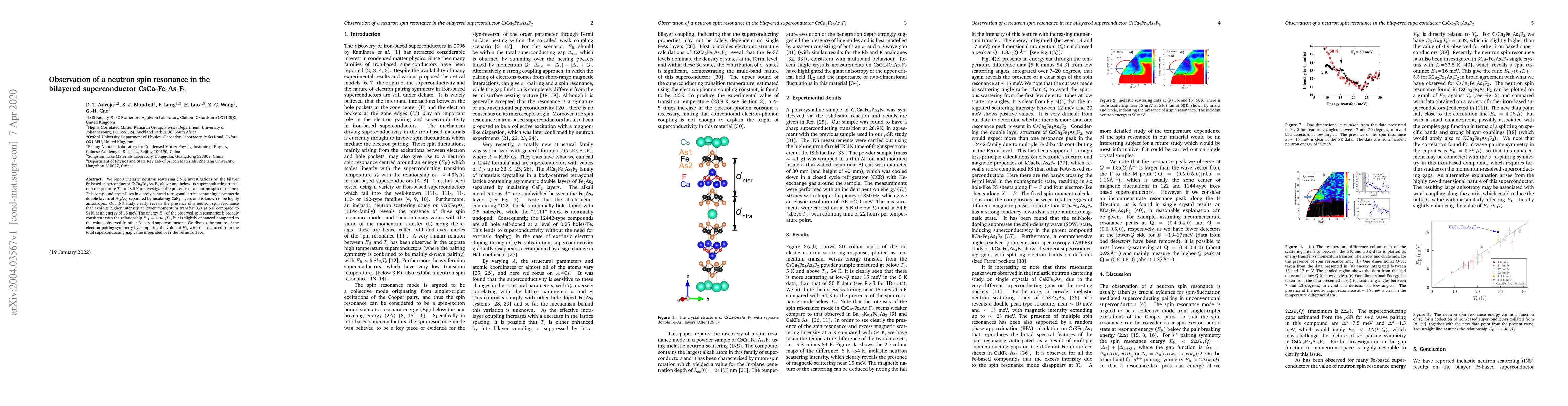 Thumbnail for Observation of a neutron spin resonance in the bilayered superconductor
  CsCa2Fe4As4F2
