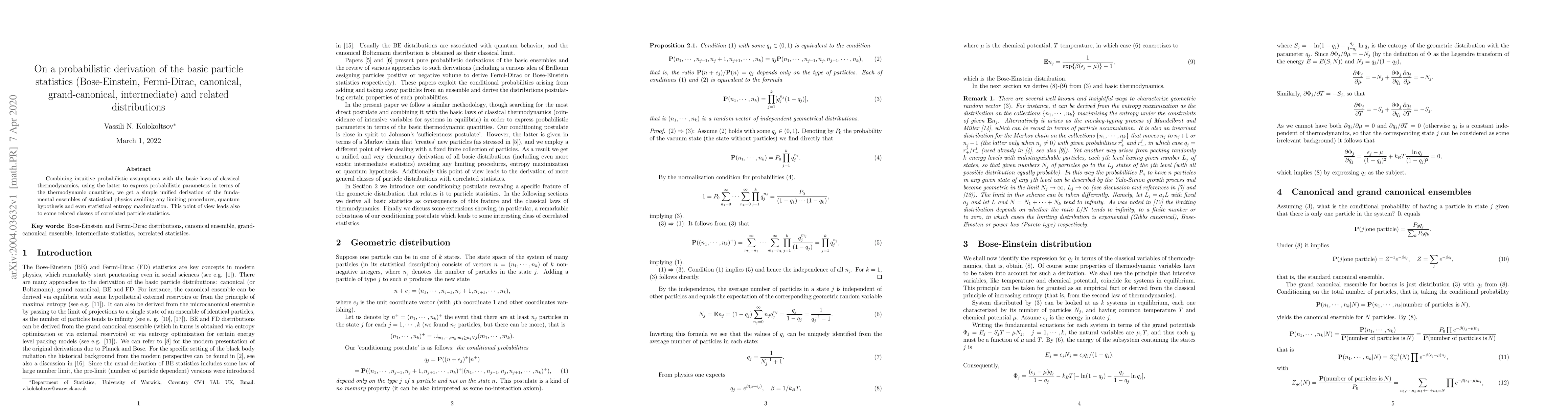 Thumbnail for On a probabilistic derivation of the basic particle statistics
  (Bose-Einstein, Fermi-Dirac, canonical, grand-canonical, intermediate) and
  related distributions
