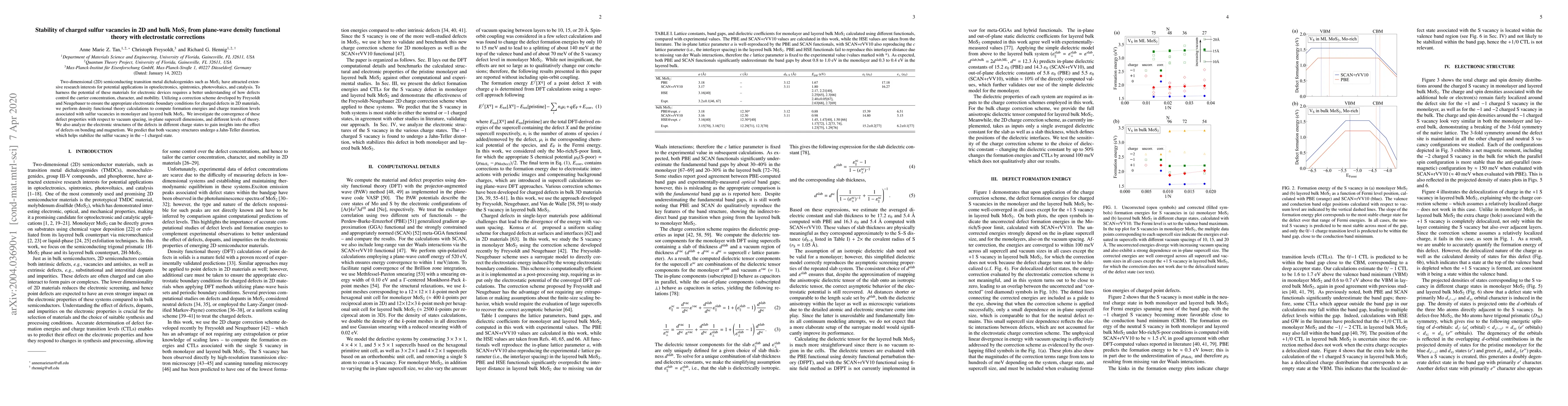 Thumbnail for Stability of charged sulfur vacancies in 2D and bulk MoS$_2$ from
  plane-wave density functional theory with electrostatic corrections