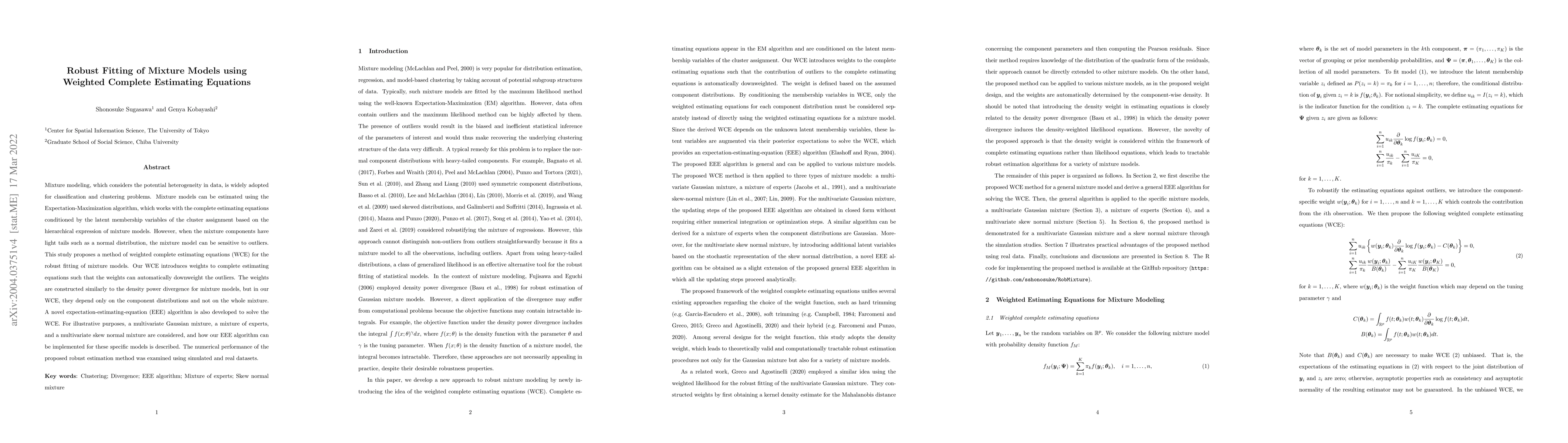 Thumbnail for Robust Fitting of Mixture Models using Weighted Complete Estimating
  Equations