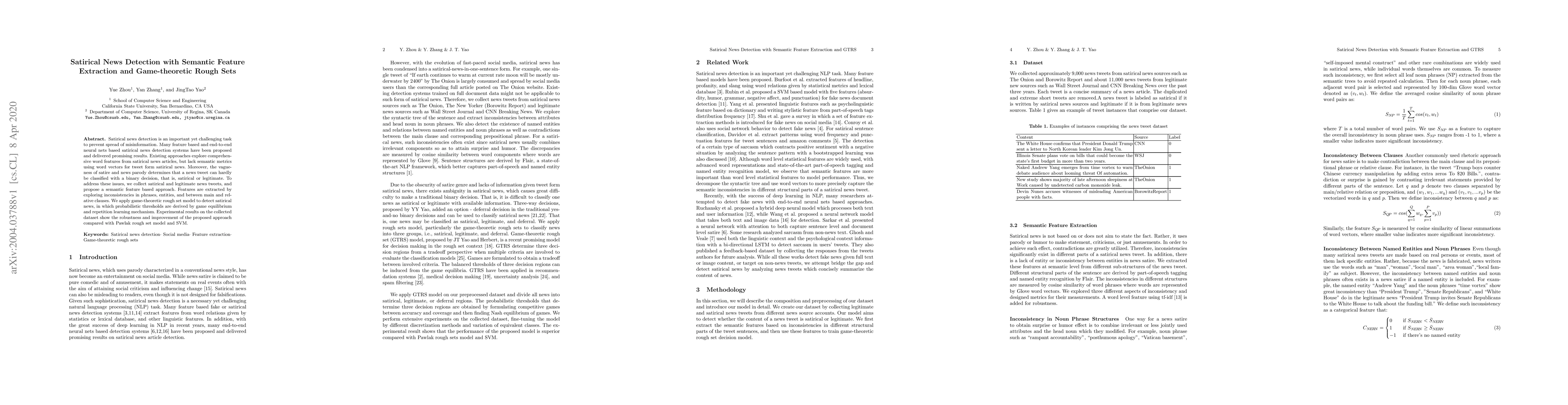 Thumbnail for Satirical News Detection with Semantic Feature Extraction and
  Game-theoretic Rough Sets