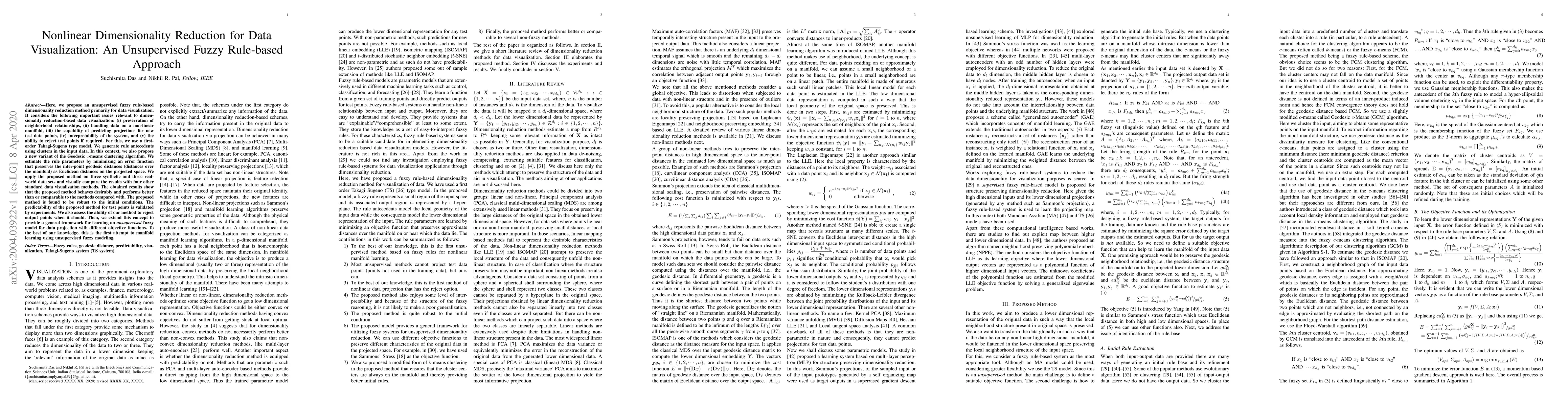Thumbnail for Nonlinear Dimensionality Reduction for Data Visualization: An
  Unsupervised Fuzzy Rule-based Approach
