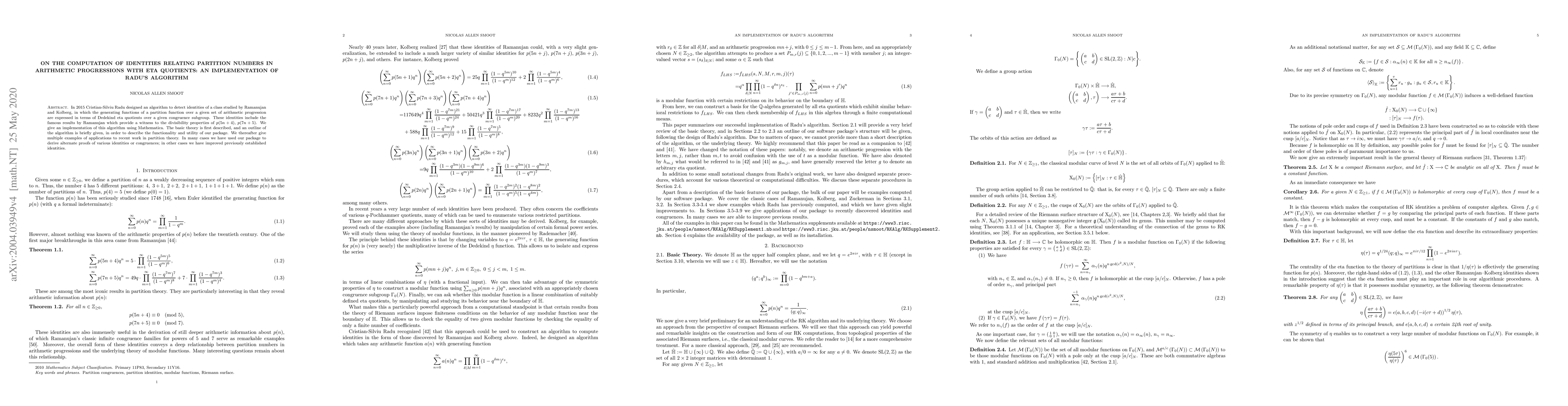Thumbnail for On the Computation of Identities Relating Partition Numbers in
  Arithmetic Progressions with Eta Quotients: An Implementation of Radu's
  Algorithm
