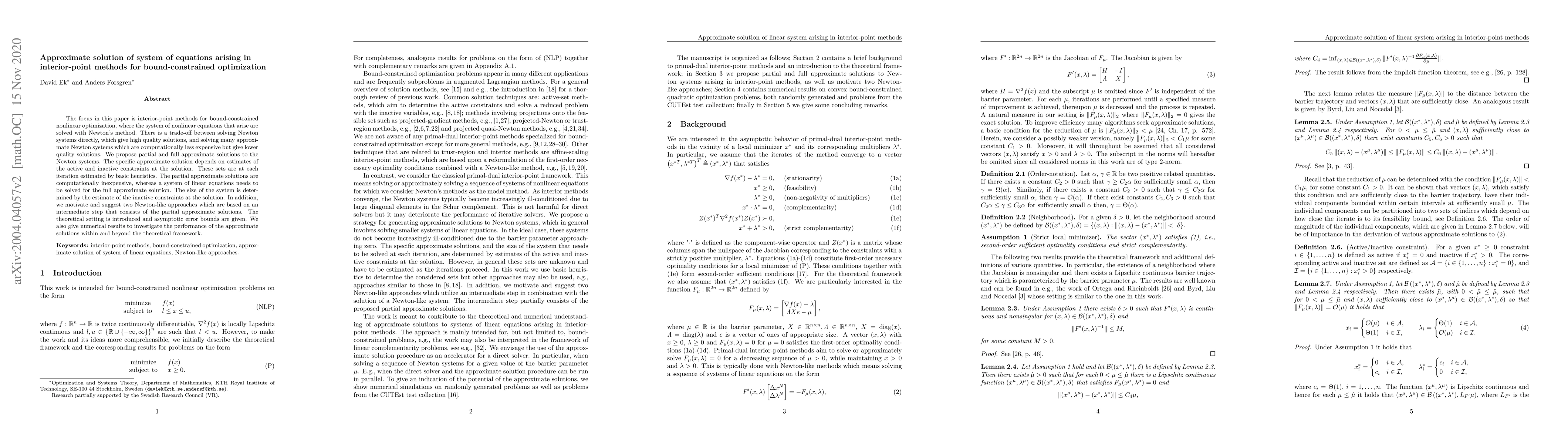Thumbnail for Approximate solution of system of equations arising in interior-point
  methods for bound-constrained optimization