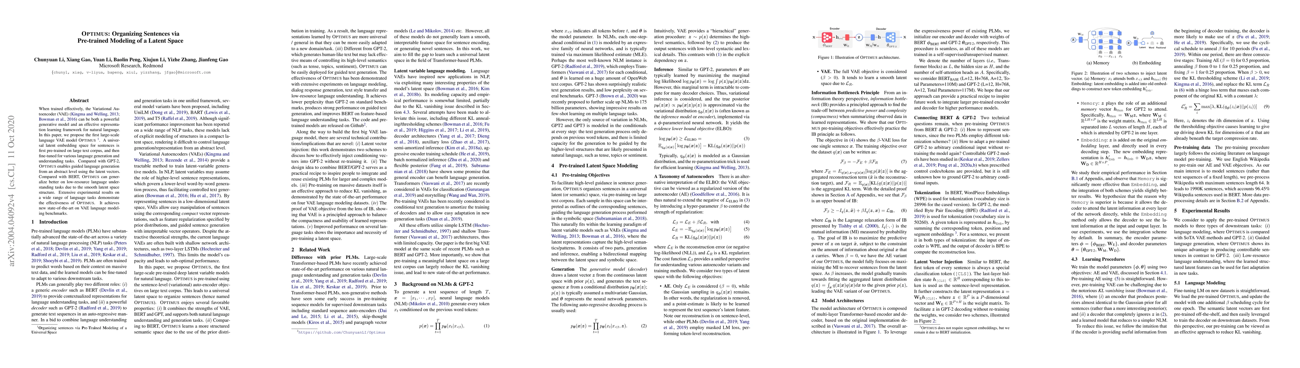 Thumbnail for Optimus: Organizing Sentences via Pre-trained Modeling of a Latent Space
