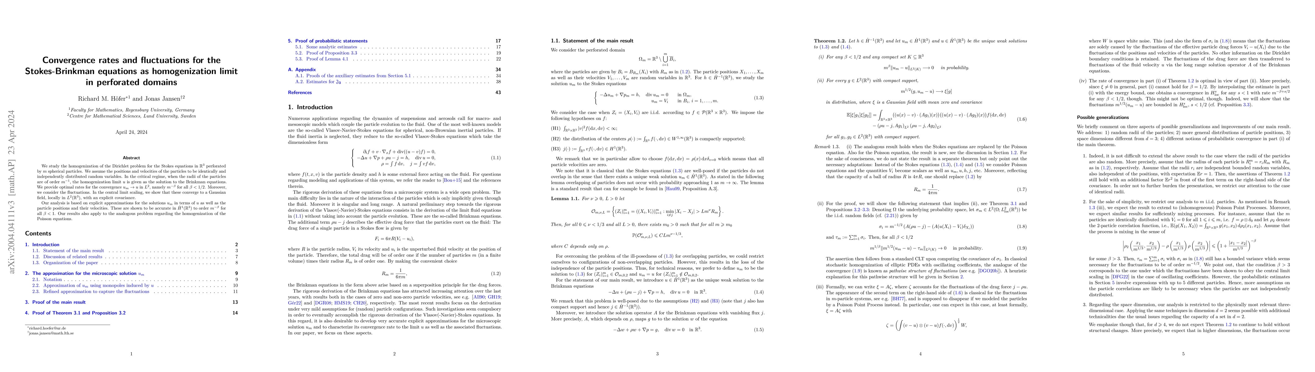 Thumbnail for Convergence rates and fluctuations for the Stokes-Brinkman equations as
  homogenization limit in perforated domains
