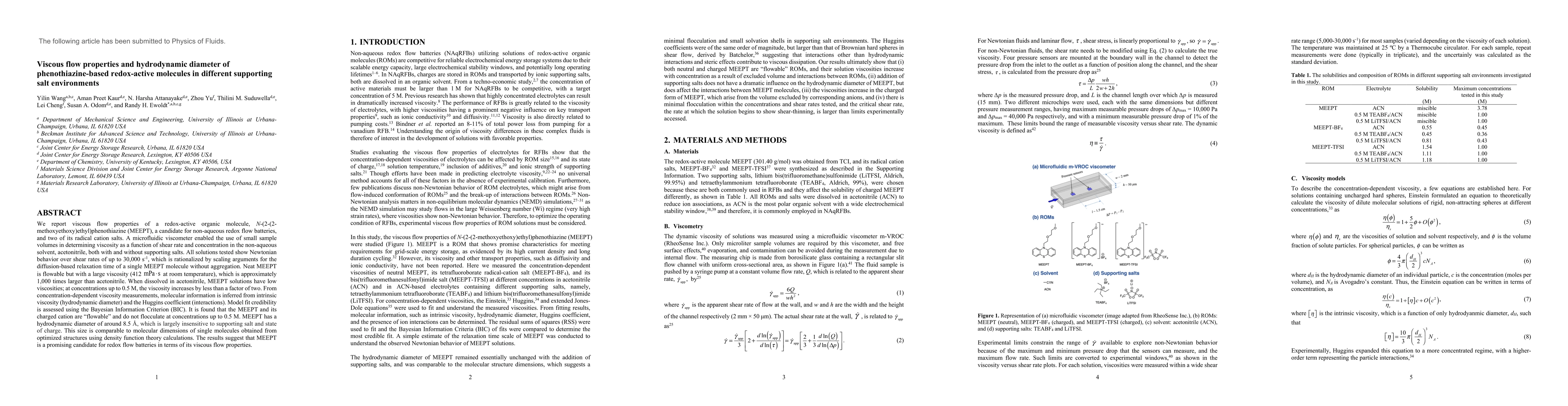 Thumbnail for Viscous flow properties and hydrodynamic diameter of phenothiazine-based
  redox-active molecules in different supporting salt environments