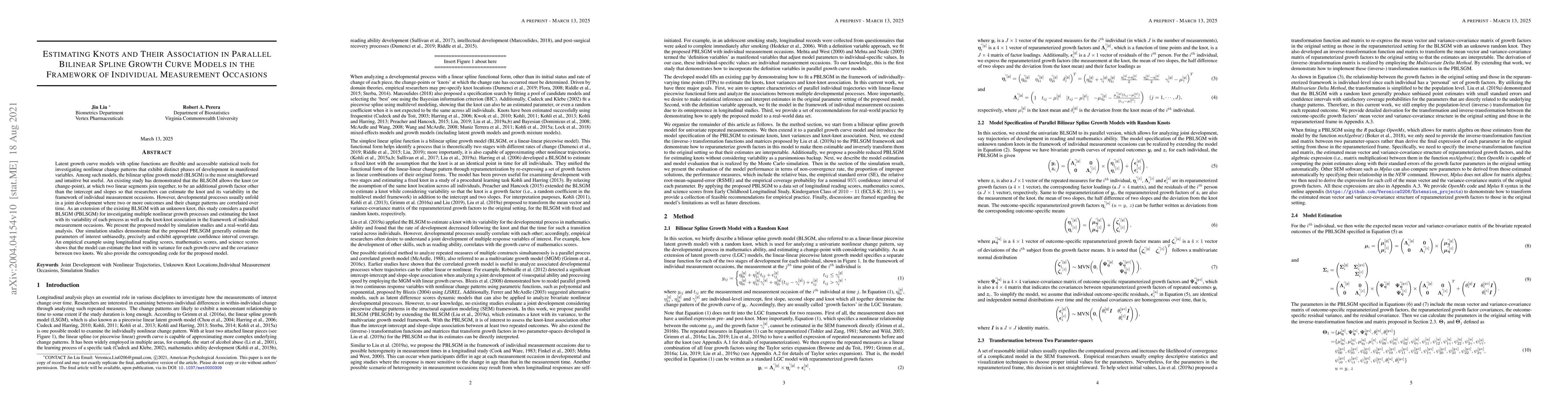 Thumbnail for Estimating Knots and Their Association in Parallel Bilinear Spline
  Growth Curve Models in the Framework of Individual Measurement Occasions