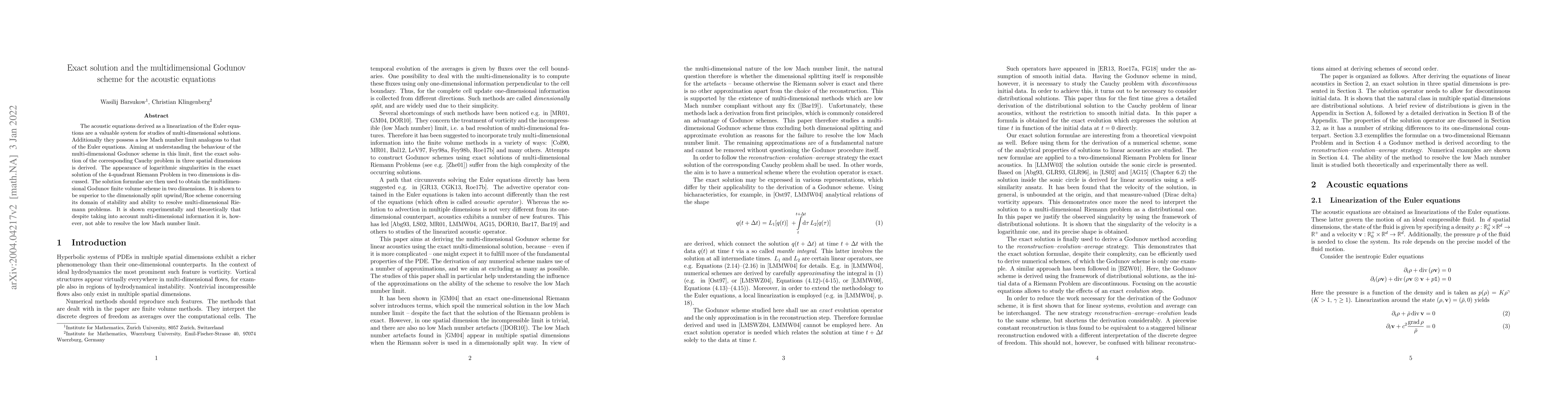 Thumbnail for Exact solution and the multidimensional Godunov scheme for the acoustic
  equations